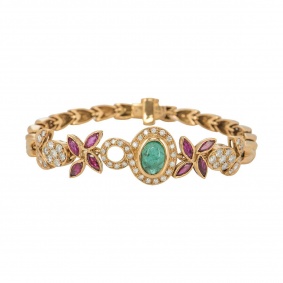 Diamond, Ruby and Emerald Yellow Gold Bracelet
